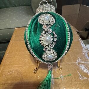 Green Velvet Christmas Ornament with Rhinestones and Pearls with silky tassel